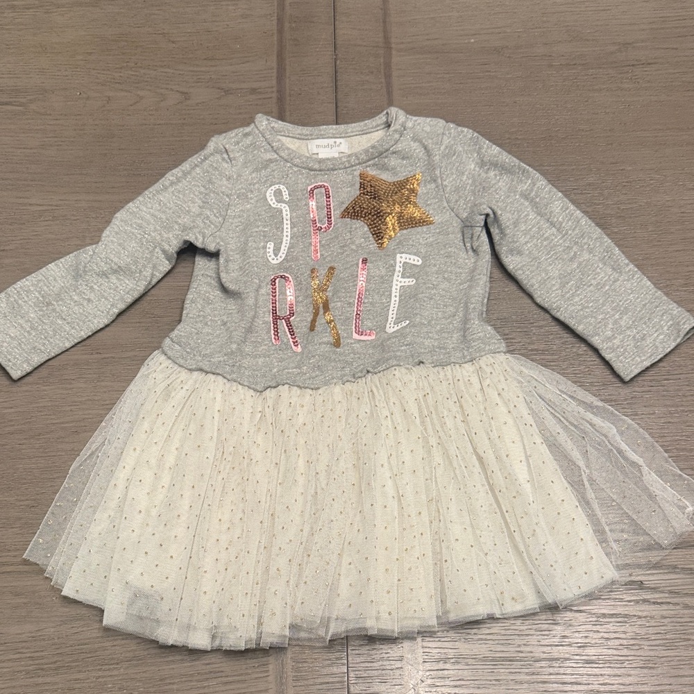 Mud Pie Gray Dress with Gold Star andCream Tulle with Gold Glitter Polka Dots